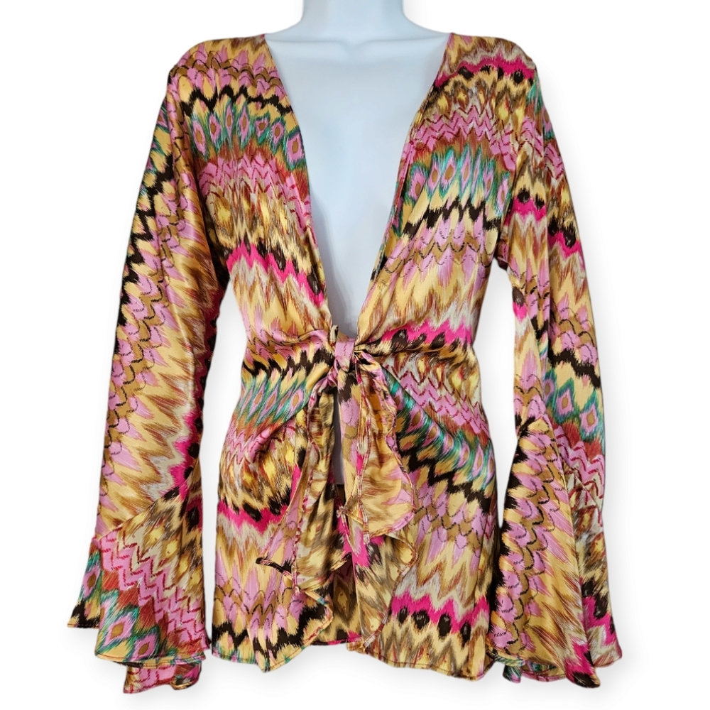 NWOT Aum Couture pink tan blue & gold tie front silk blouse top Womens Medium